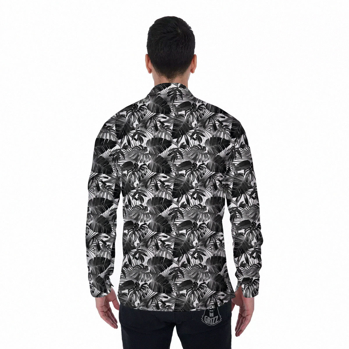 Tropical Leaf Black White Print Pattern Men's Long Sleeve Shirts-grizzshop
