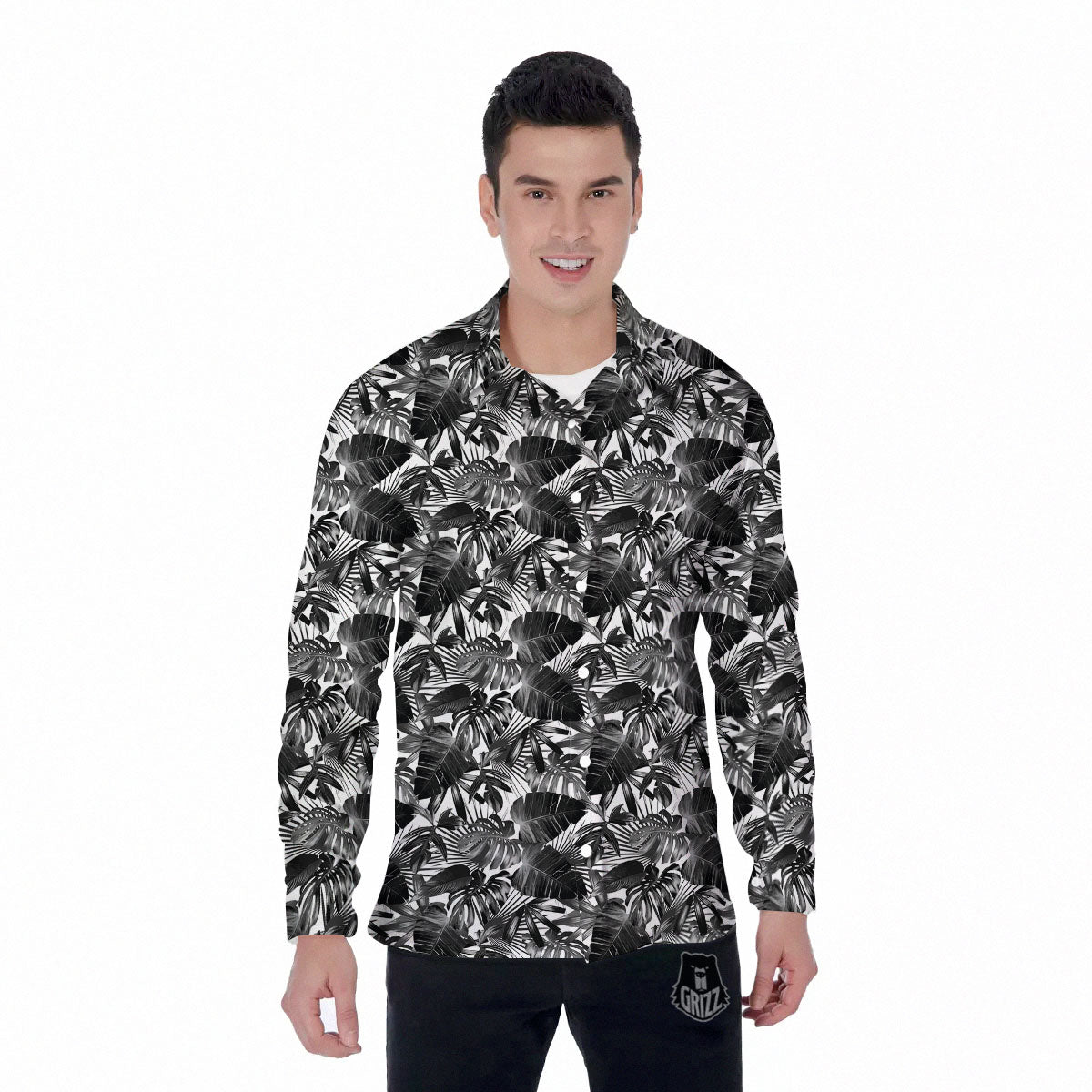 Tropical Leaf Black White Print Pattern Men's Long Sleeve Shirts-grizzshop