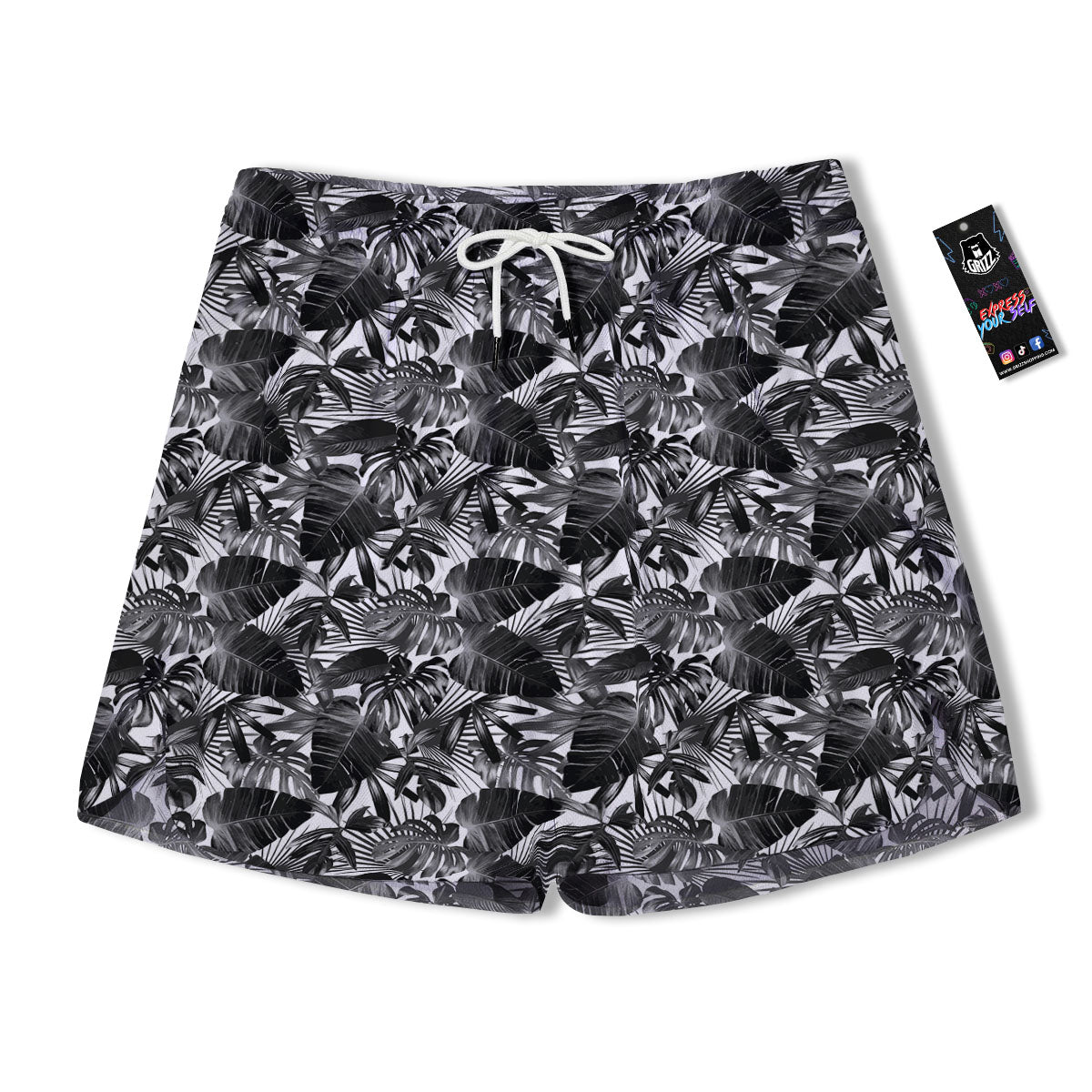 Tropical Leaf Black White Print Pattern Men's Running Shorts-grizzshop