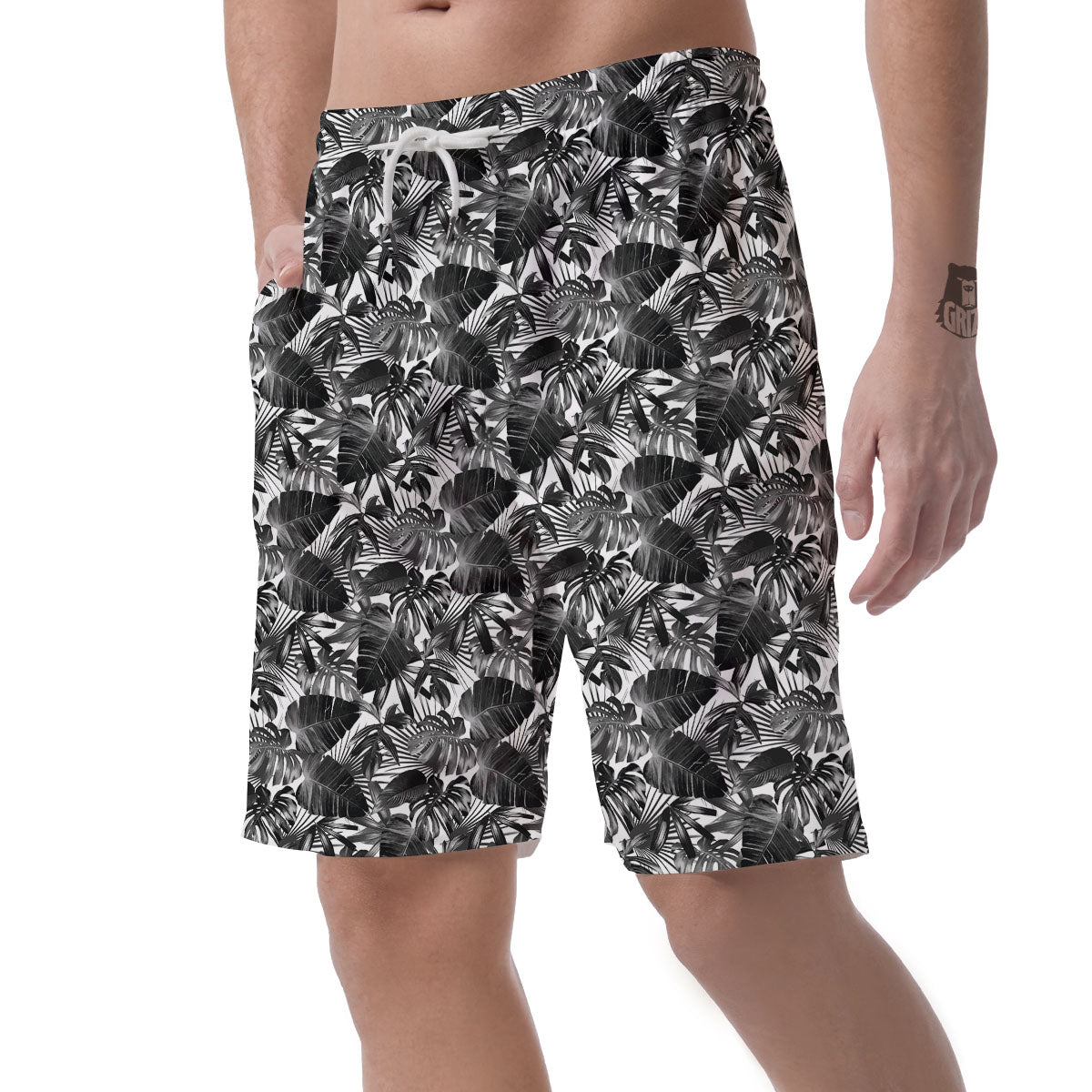 Tropical Leaf Black White Print Pattern Men's Shorts-grizzshop