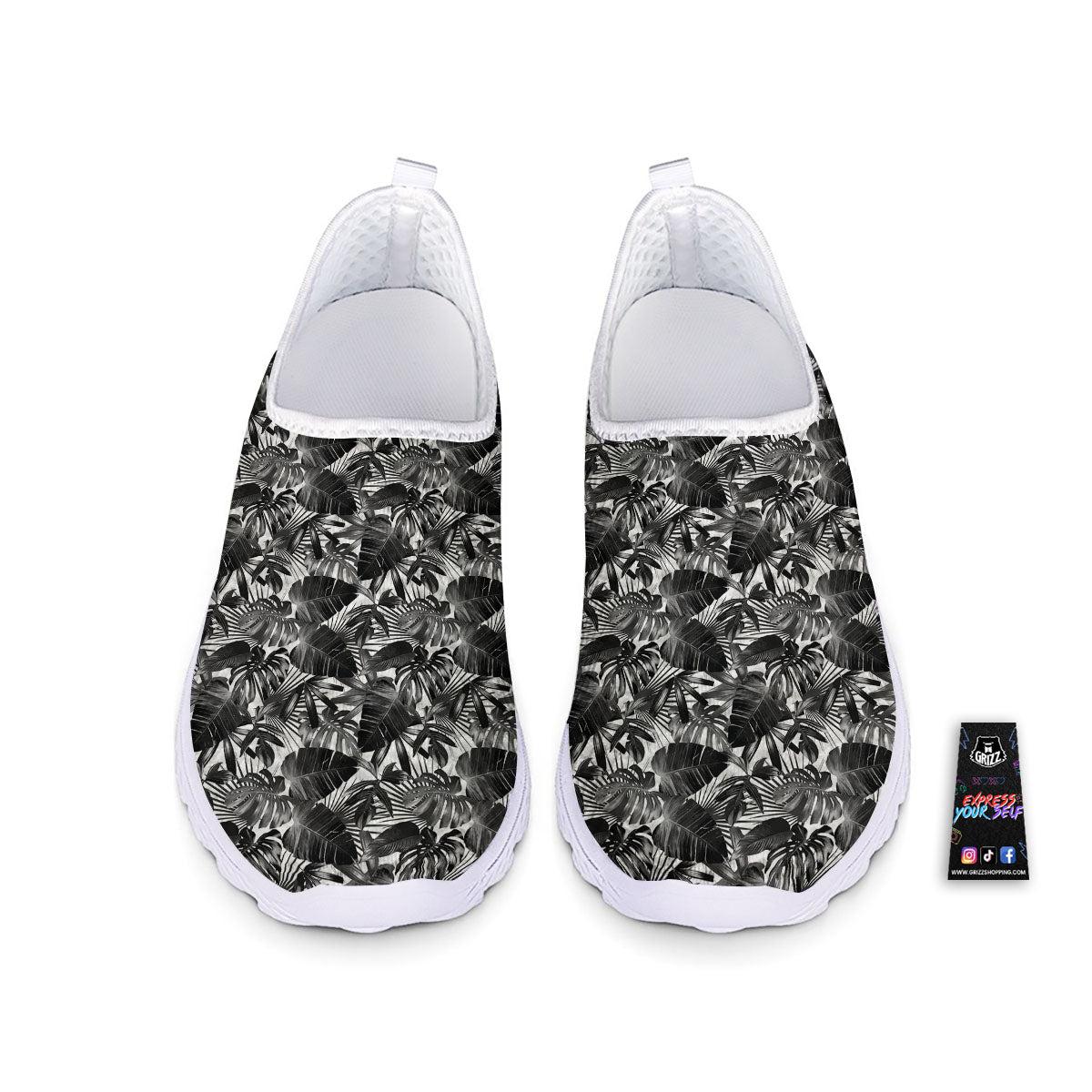 Tropical Leaf Black White Print Pattern Nurse Shoes-grizzshop