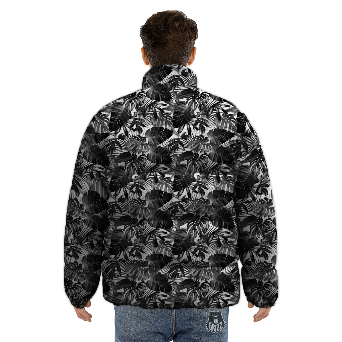 Tropical Leaf Black White Print Pattern Puffer Jacket-grizzshop