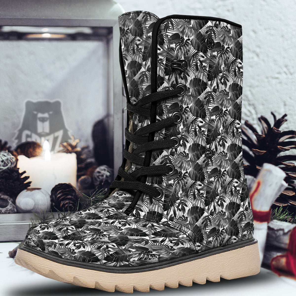 Tropical Leaf Black White Print Pattern Snow Boots-grizzshop