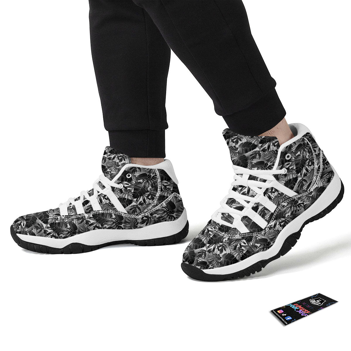 Tropical Leaf Black White Print Pattern White Bball Shoes-grizzshop