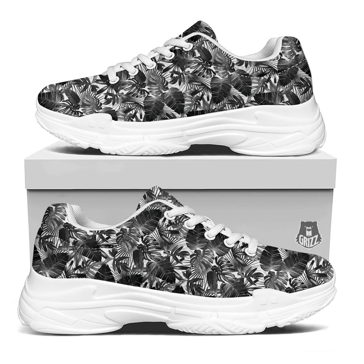 Tropical Leaf Black White Print Pattern White Chunky Shoes-grizzshop