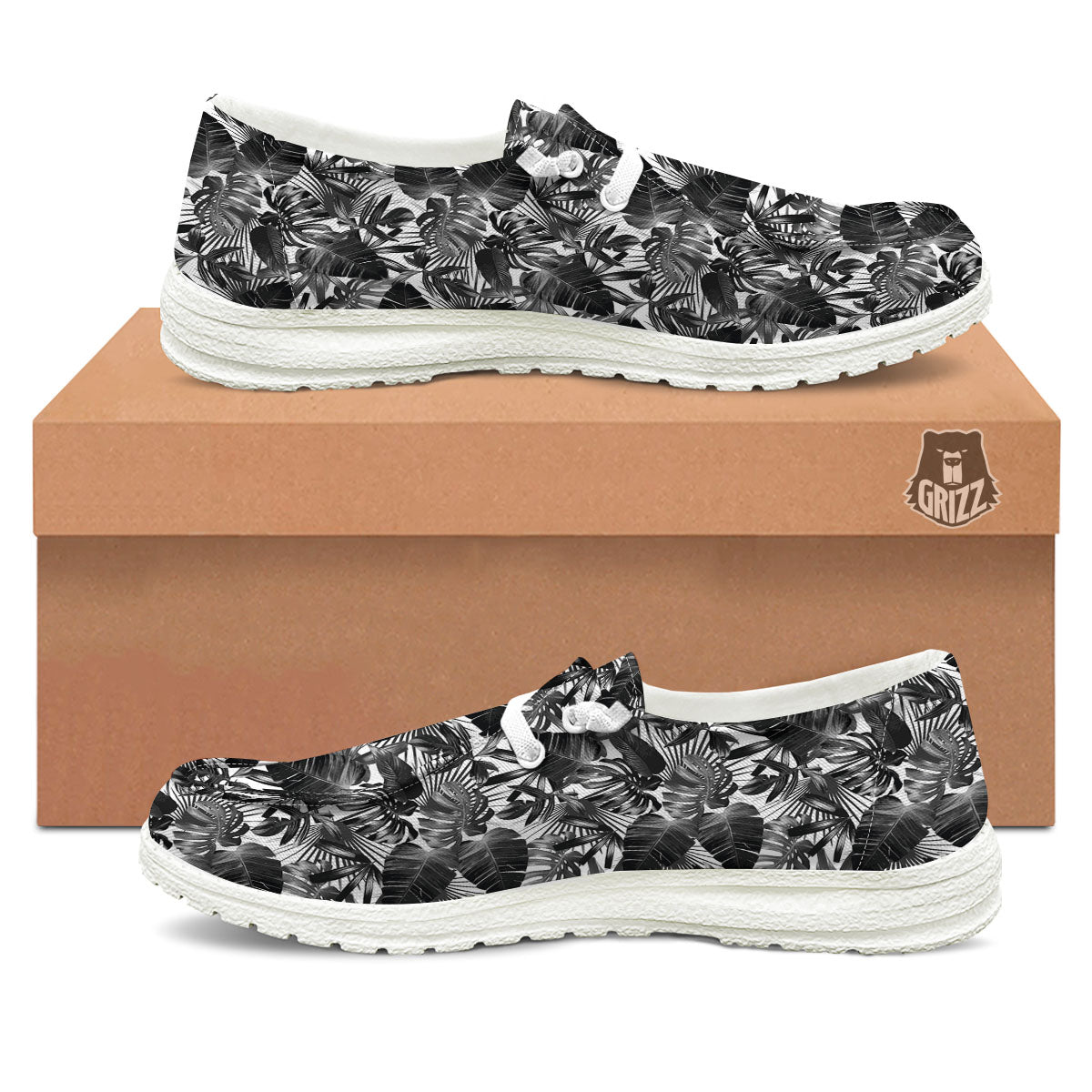 Tropical Leaf Black White Print Pattern White Loafers-grizzshop