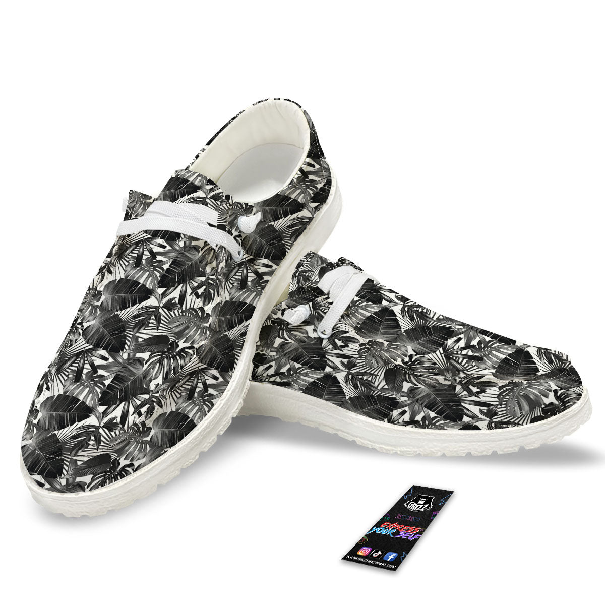 Tropical Leaf Black White Print Pattern White Loafers-grizzshop