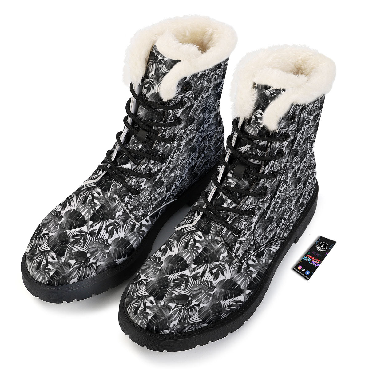 Tropical Leaf Black White Print Pattern Winter Boots-grizzshop