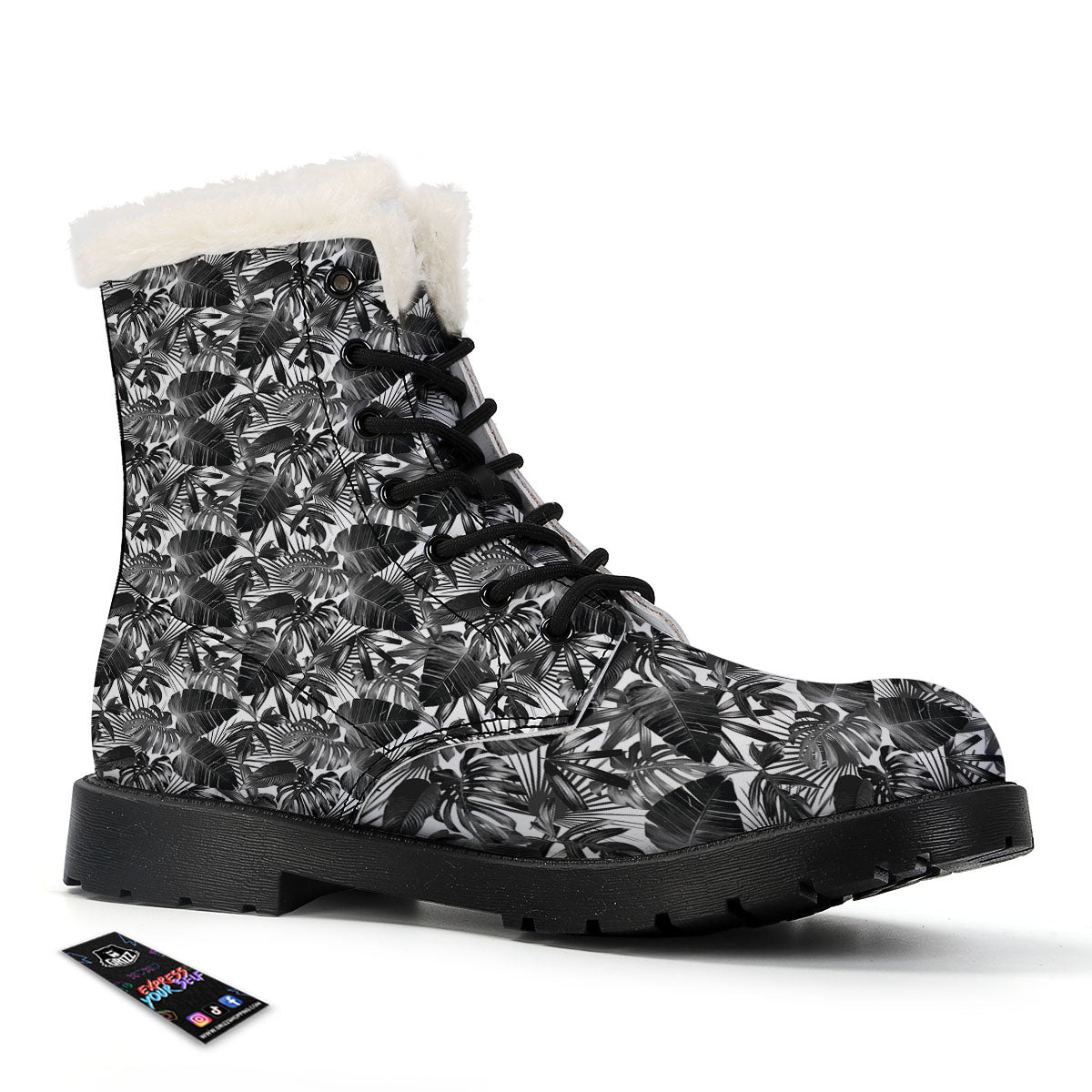 Tropical Leaf Black White Print Pattern Winter Boots-grizzshop