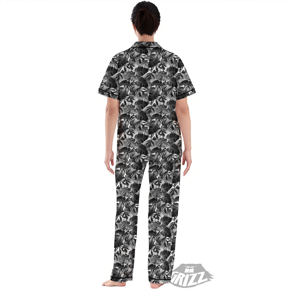 Tropical Leaf Black White Print Pattern Women's Pajamas Set-grizzshop