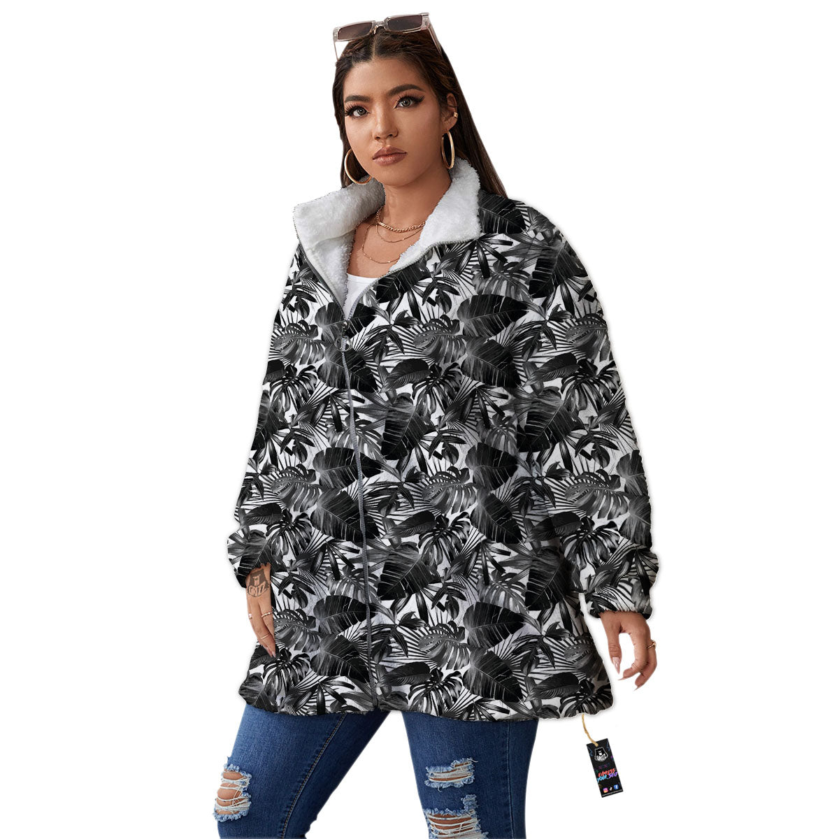 Tropical Leaf Black White Print Pattern Women's Sherpa Jacket-grizzshop