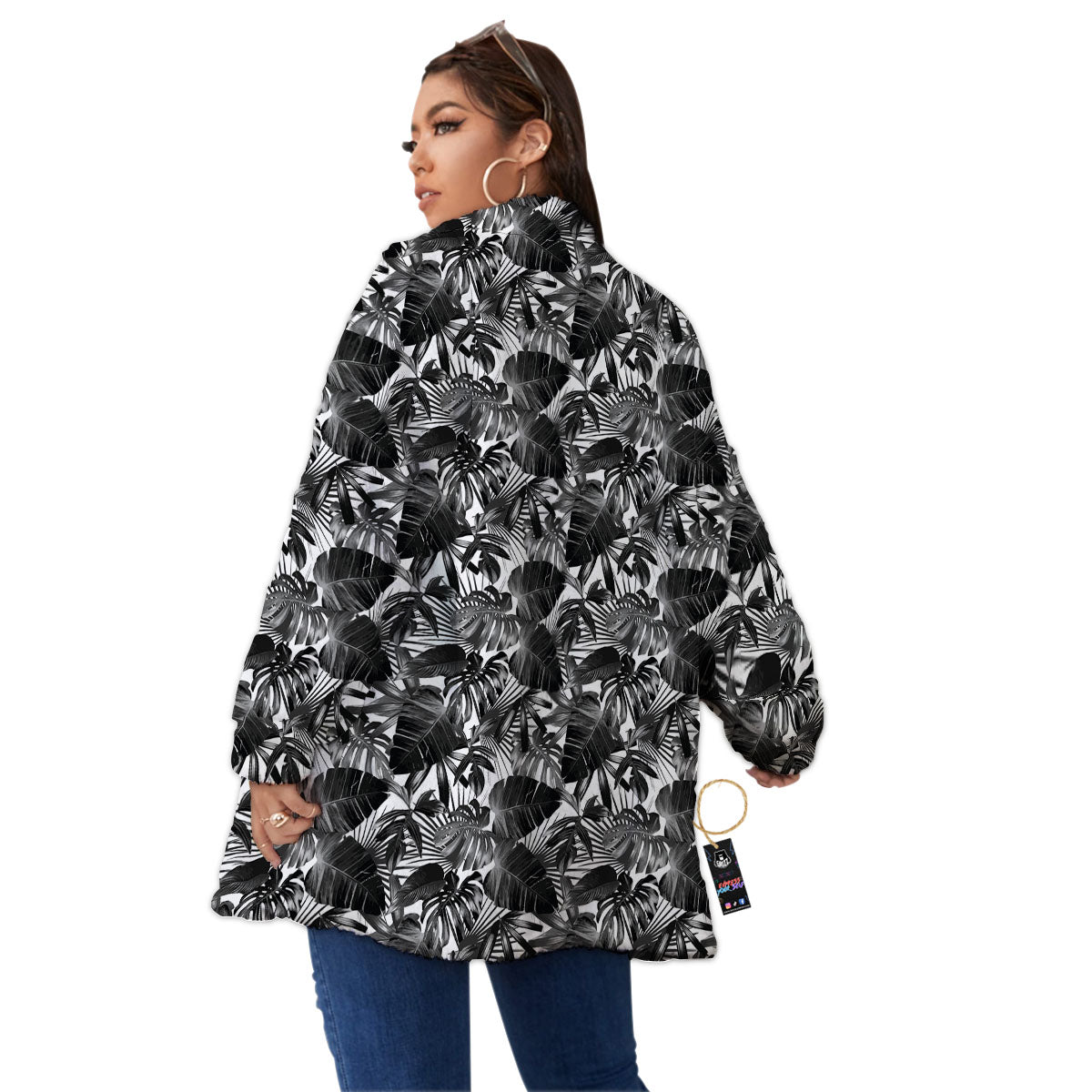 Tropical Leaf Black White Print Pattern Women's Sherpa Jacket-grizzshop