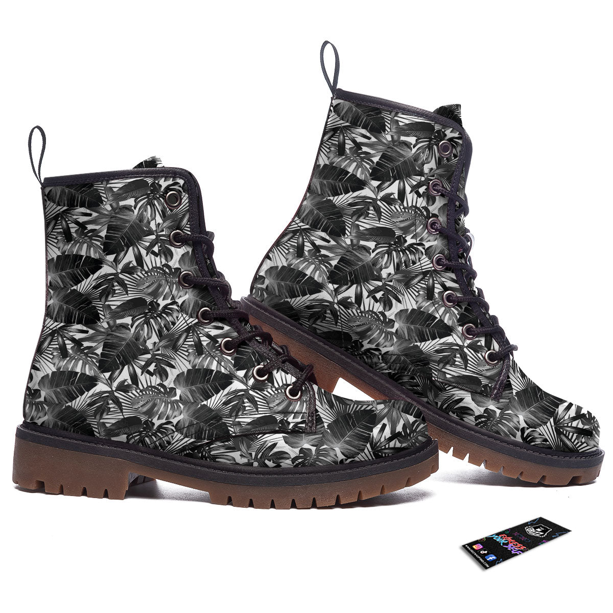 Tropical Leaf Black White Print Pattern Work Boots-grizzshop