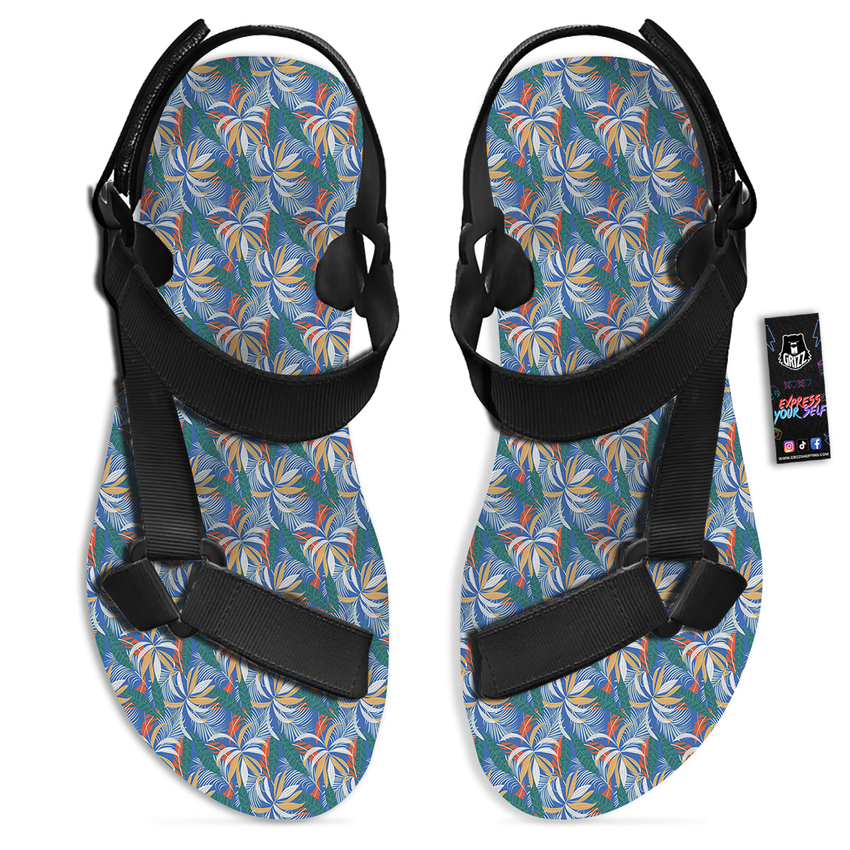Tropical Leaf Colorful Print Pattern Black Open Toe Sandals-grizzshop