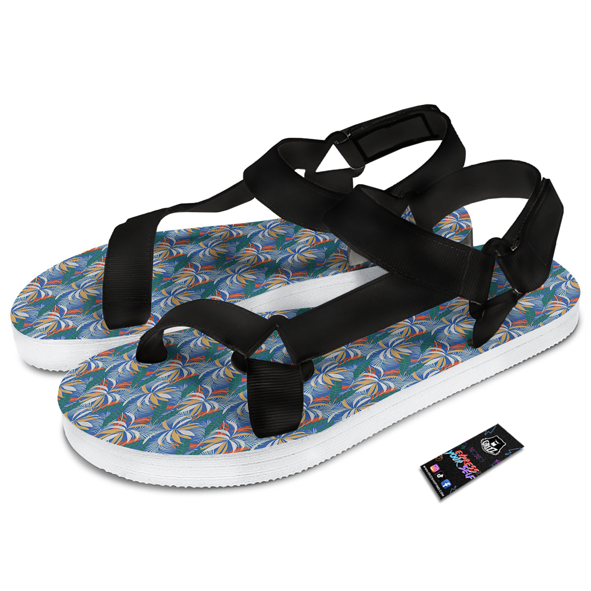 Tropical Leaf Colorful Print Pattern Black Open Toe Sandals-grizzshop