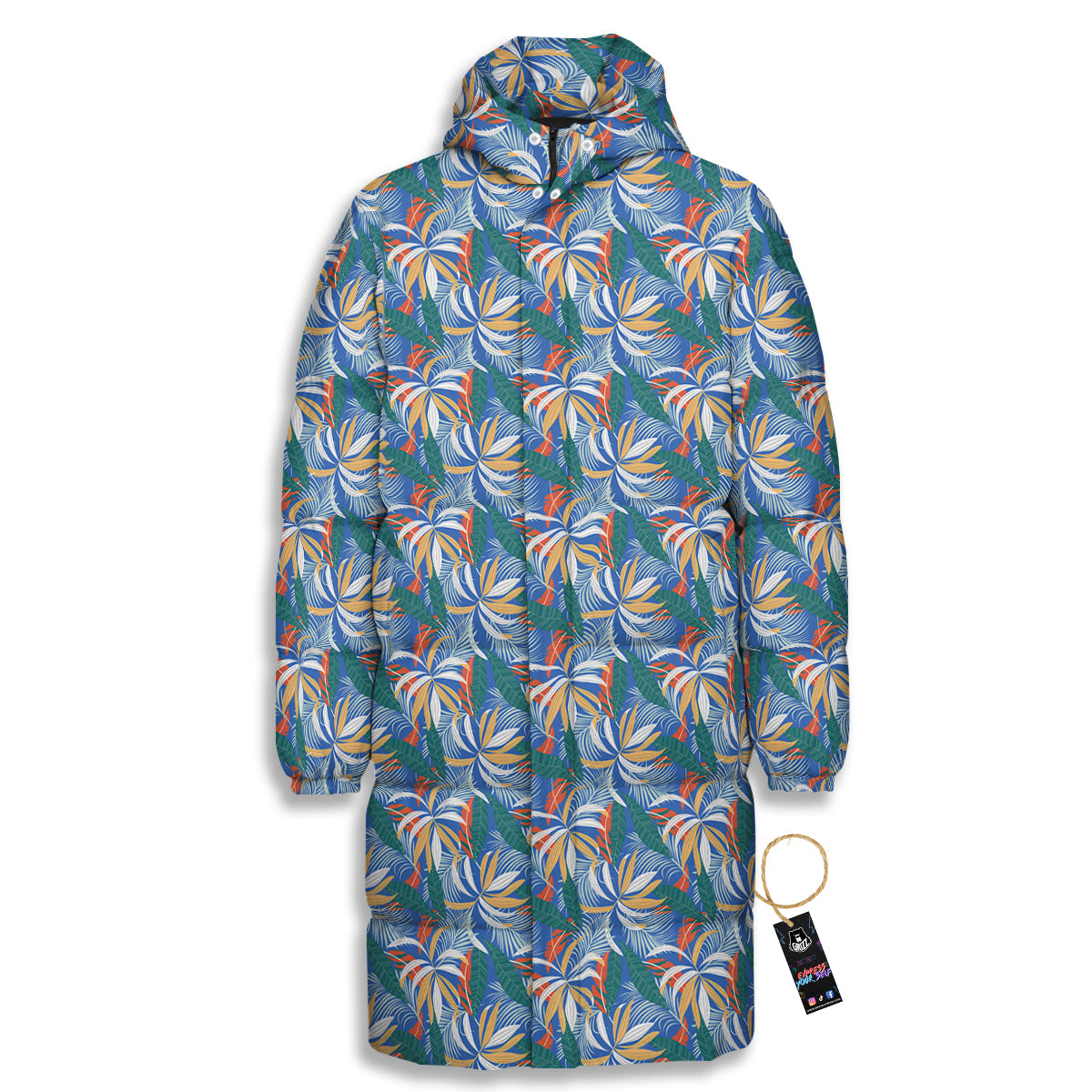 Tropical Leaf Colorful Print Pattern Long Down Jacket-grizzshop