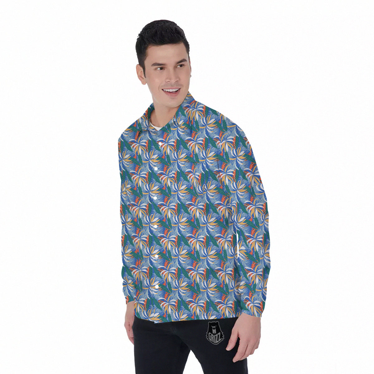 Tropical Leaf Colorful Print Pattern Men's Long Sleeve Shirts-grizzshop