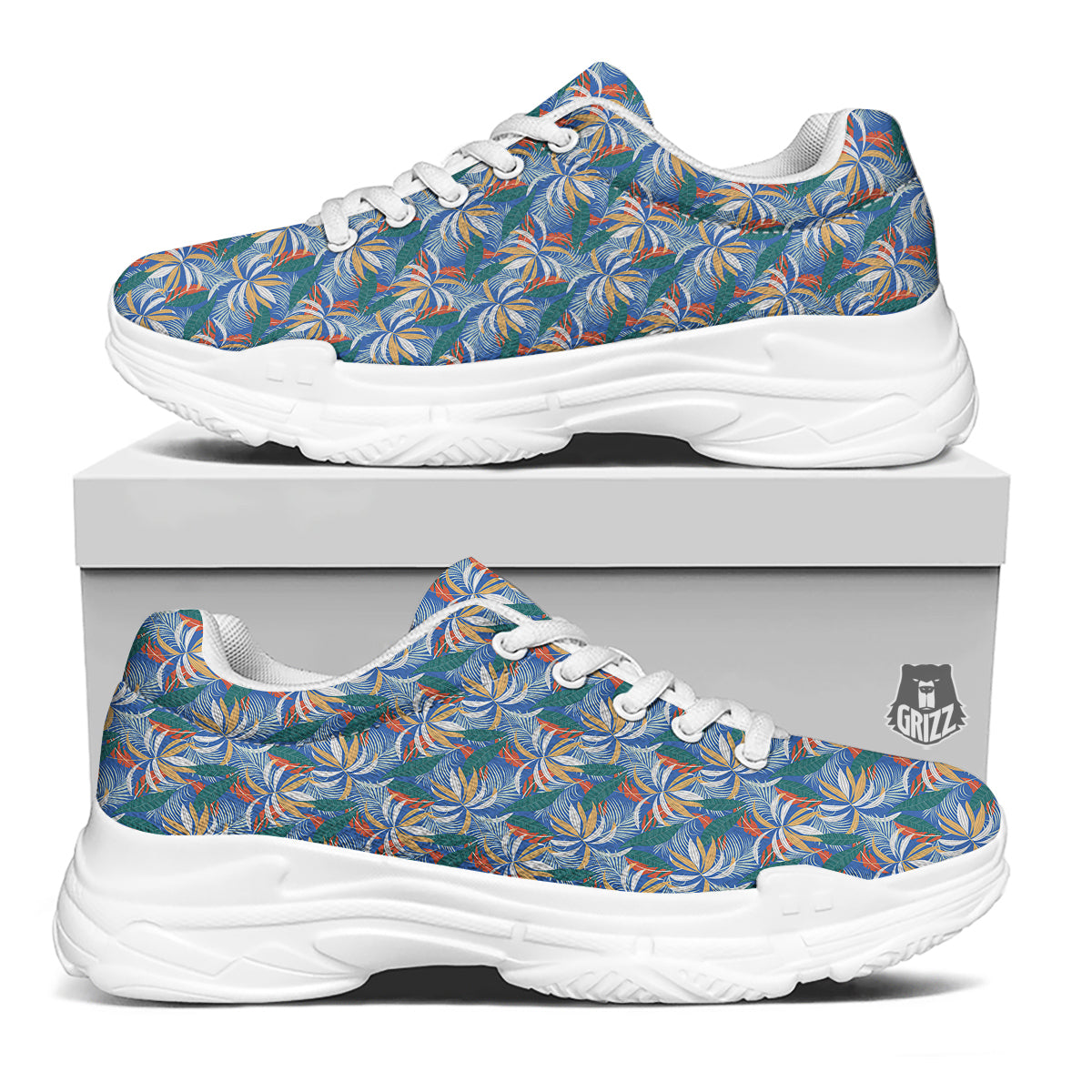 Tropical Leaf Colorful Print Pattern White Chunky Shoes-grizzshop