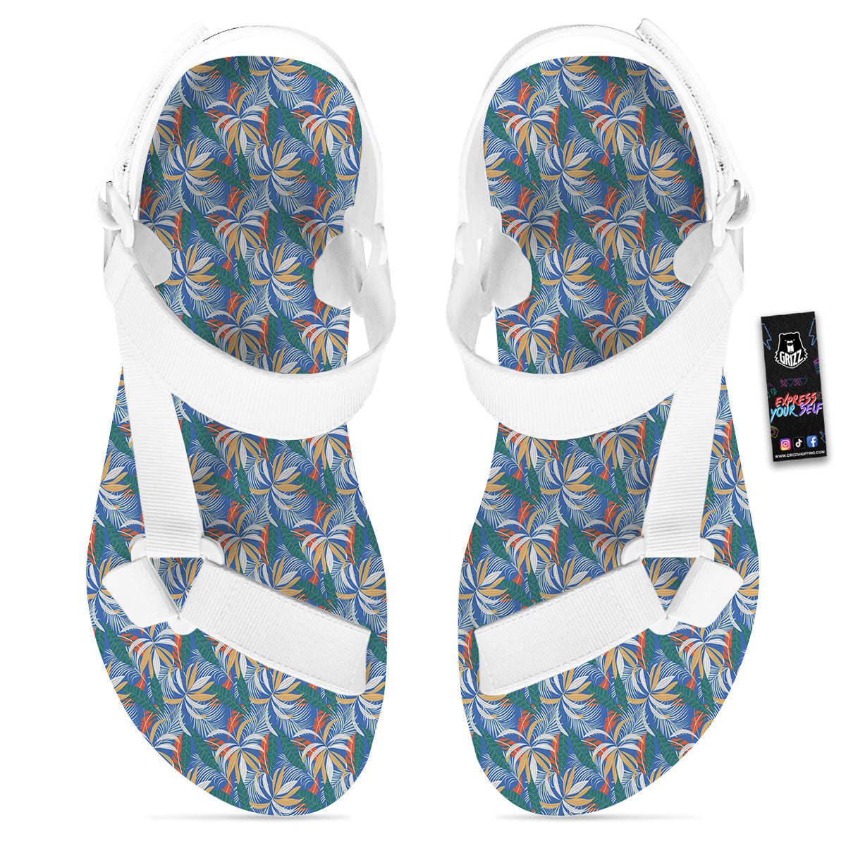 Tropical Leaf Colorful Print Pattern White Open Toe Sandals-grizzshop