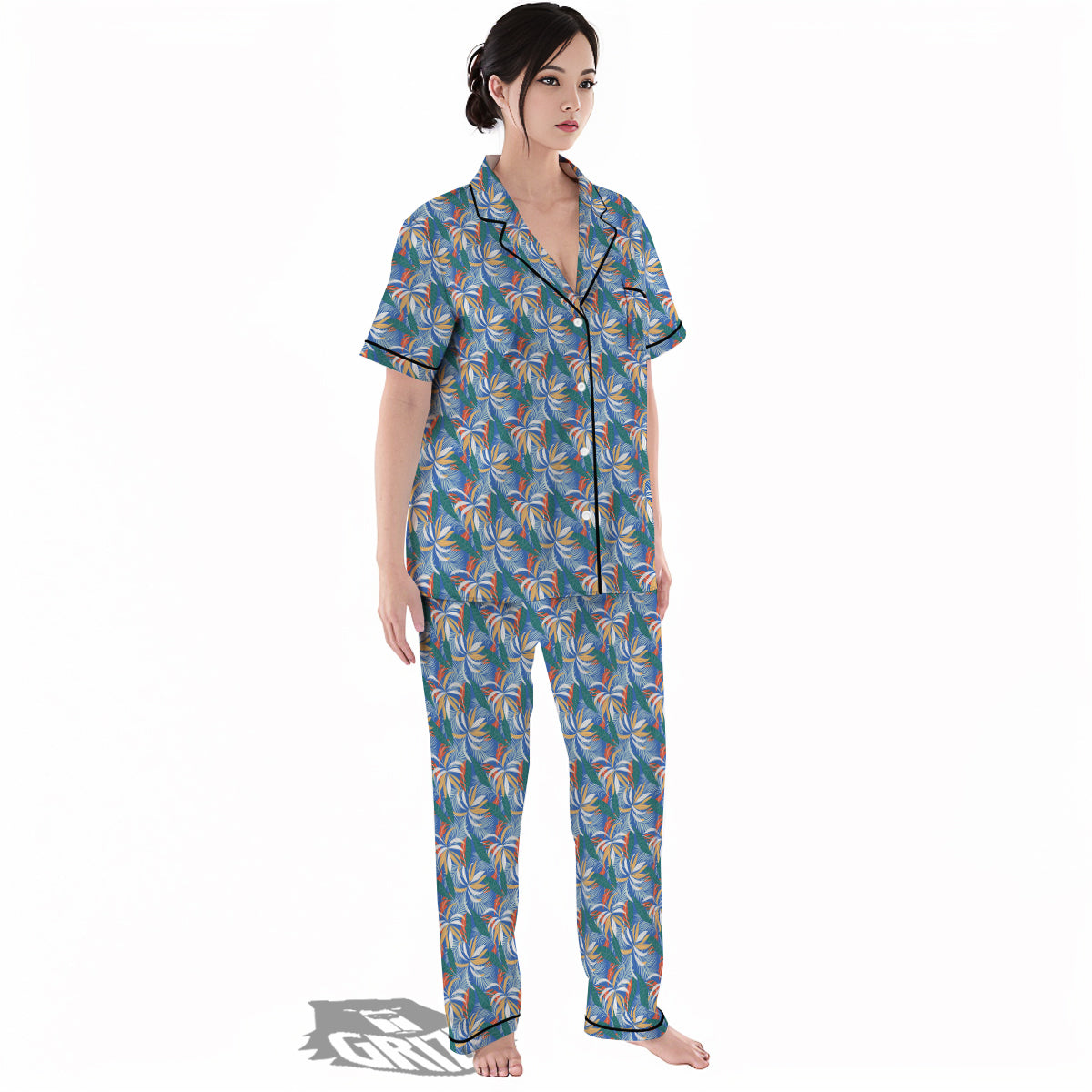 Tropical Leaf Colorful Print Pattern Women's Pajamas Set-grizzshop