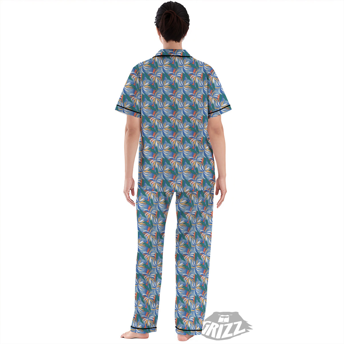 Tropical Leaf Colorful Print Pattern Women's Pajamas Set-grizzshop