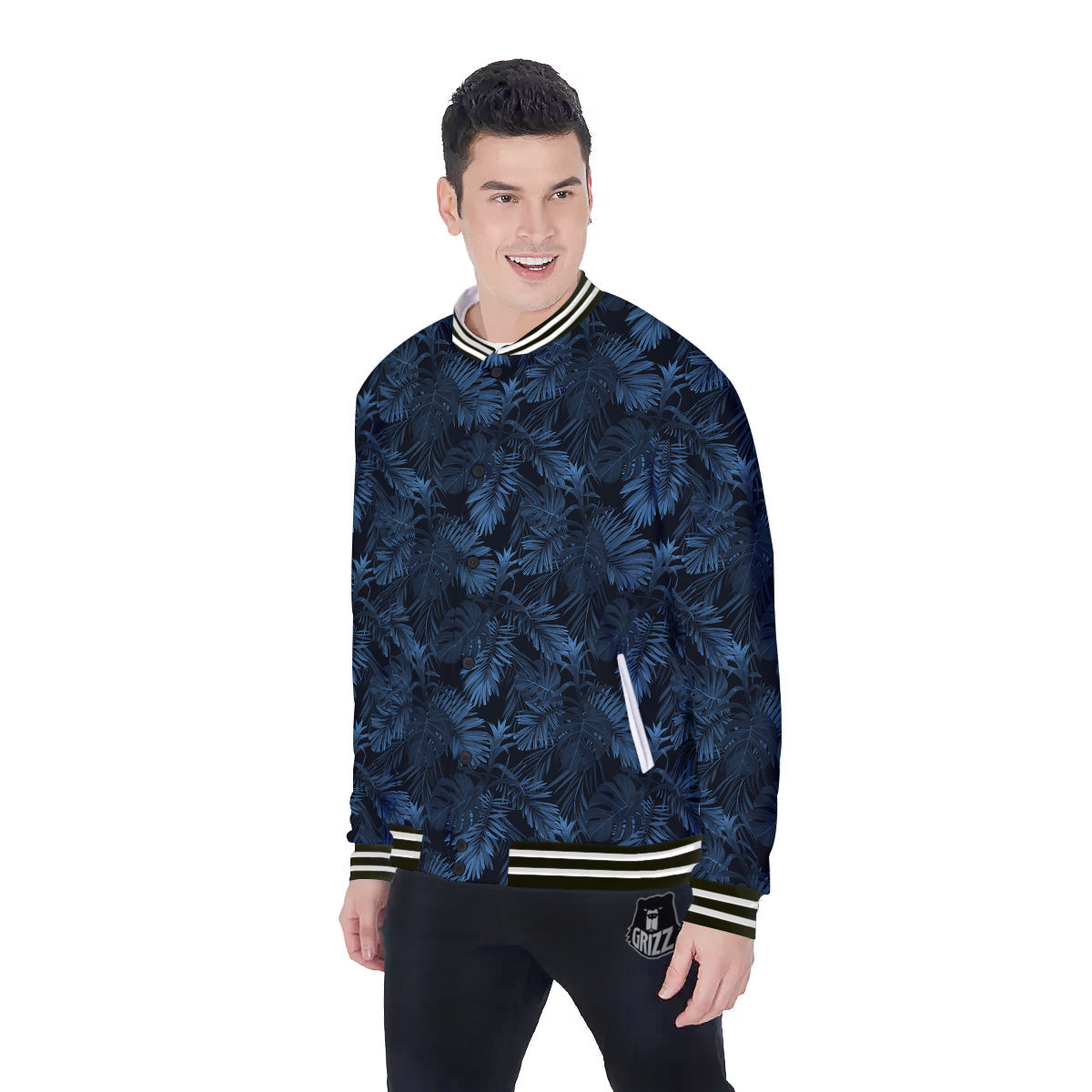 Tropical Leaf Dark Blue Print Pattern Baseball Jacket-grizzshop