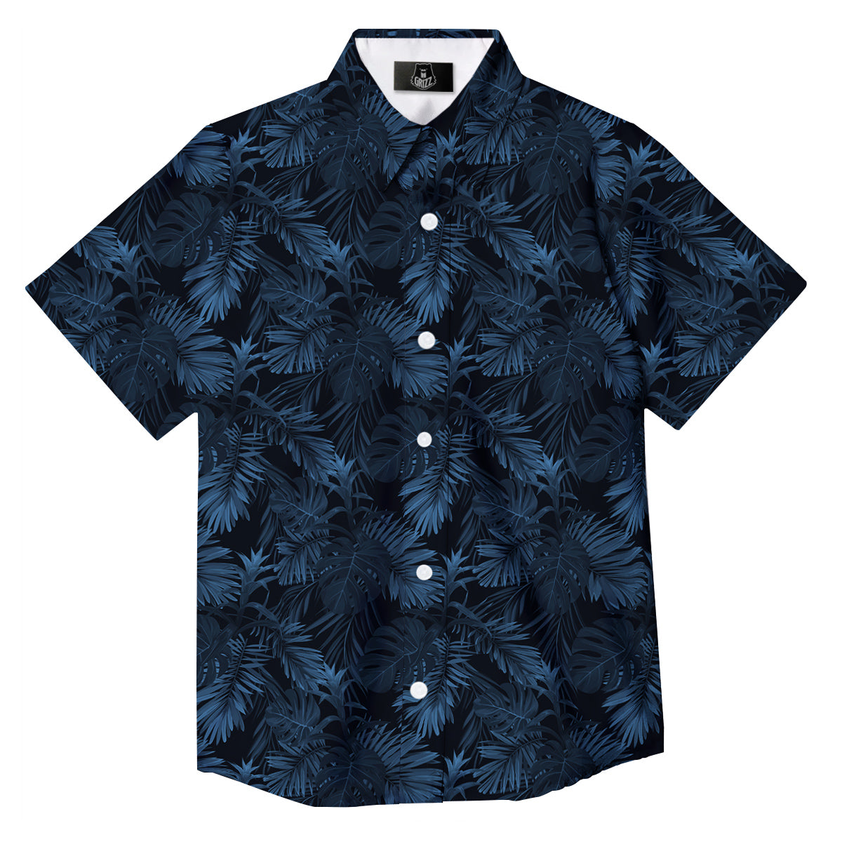 Tropical Leaf Dark Blue Print Pattern Button Up Shirt-grizzshop