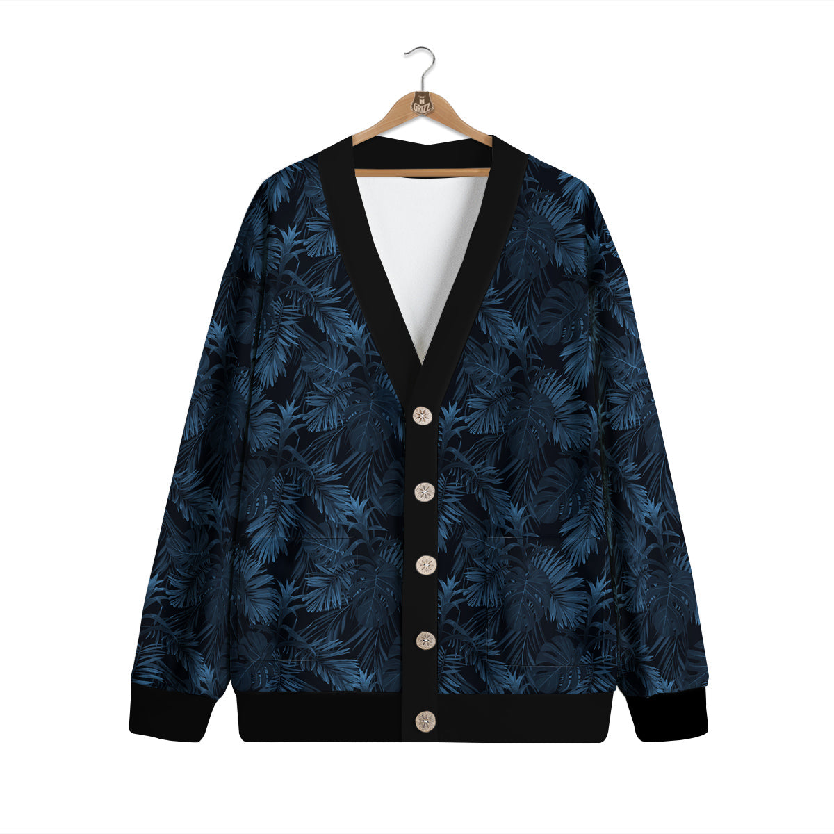 Tropical Leaf Dark Blue Print Pattern Cardigan-grizzshop