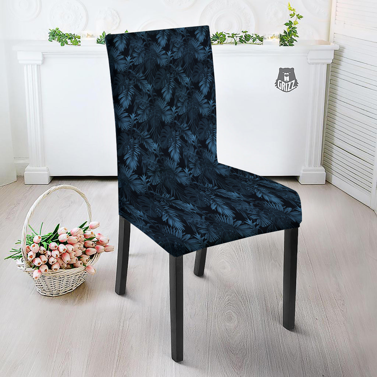 Tropical Leaf Dark Blue Print Pattern Dining Chair Slipcover-grizzshop