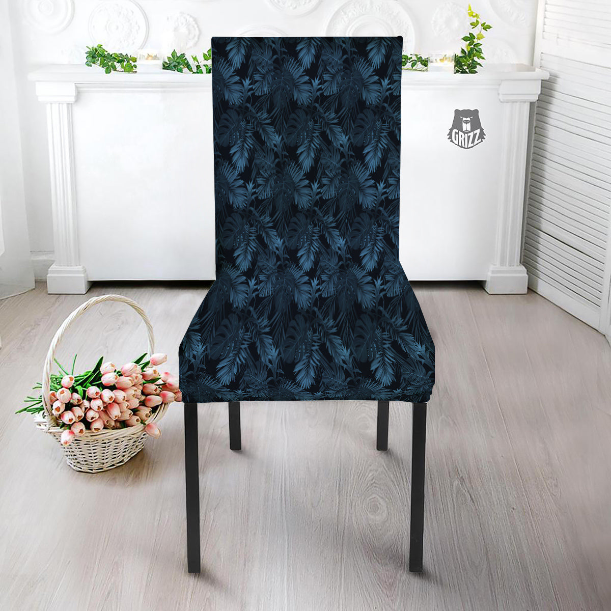 Tropical Leaf Dark Blue Print Pattern Dining Chair Slipcover-grizzshop