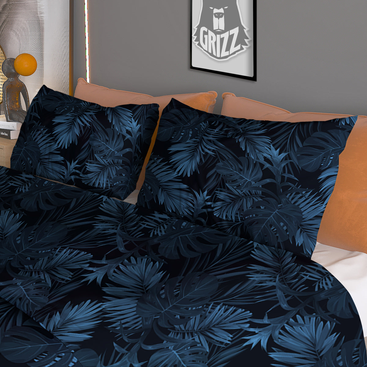 Tropical Leaf Dark Blue Print Pattern Duvet Cover Bedding Set