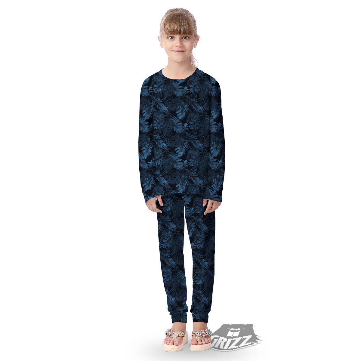 Tropical Leaf Dark Blue Print Pattern Kid's Pajamas-grizzshop