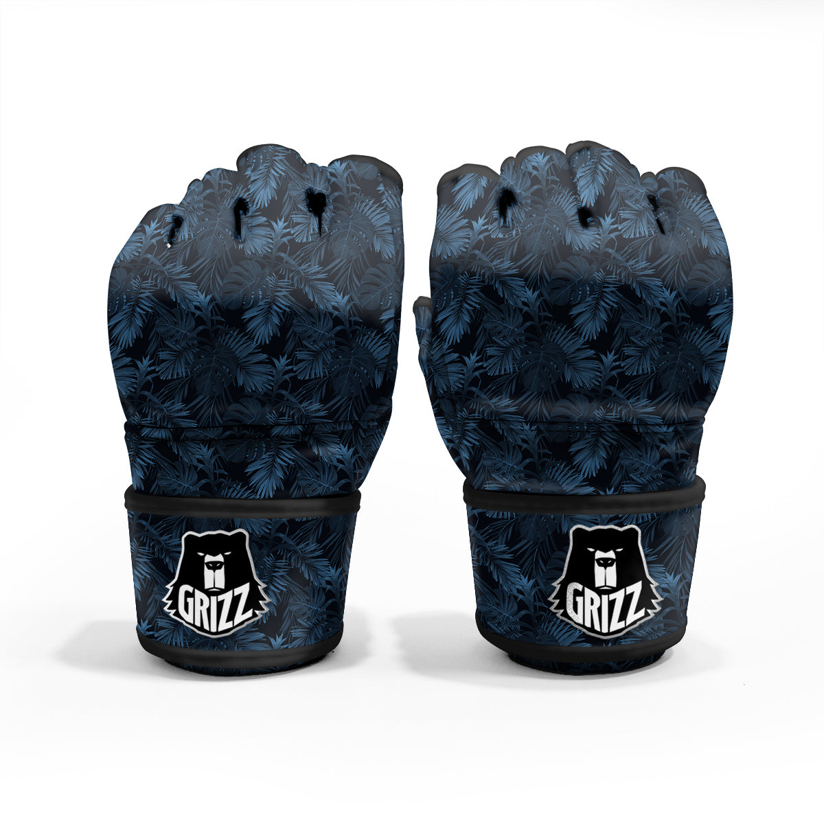 Tropical Leaf Dark Blue Print Pattern MMA Gloves-grizzshop