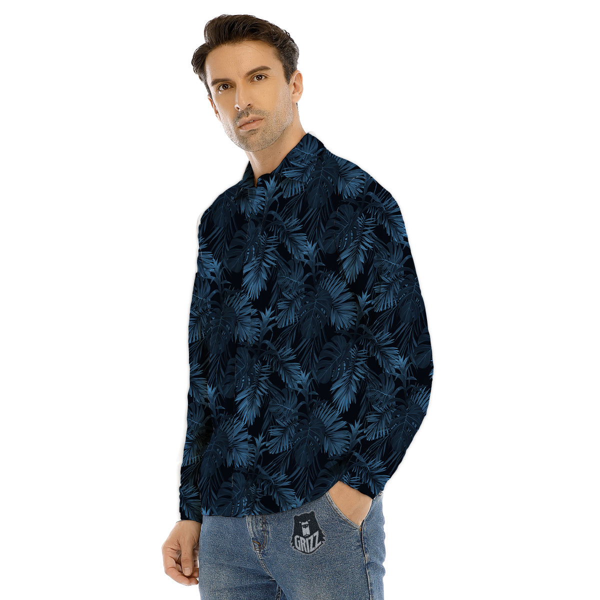 Tropical Leaf Dark Blue Print Pattern Men's Dress Shirts-grizzshop