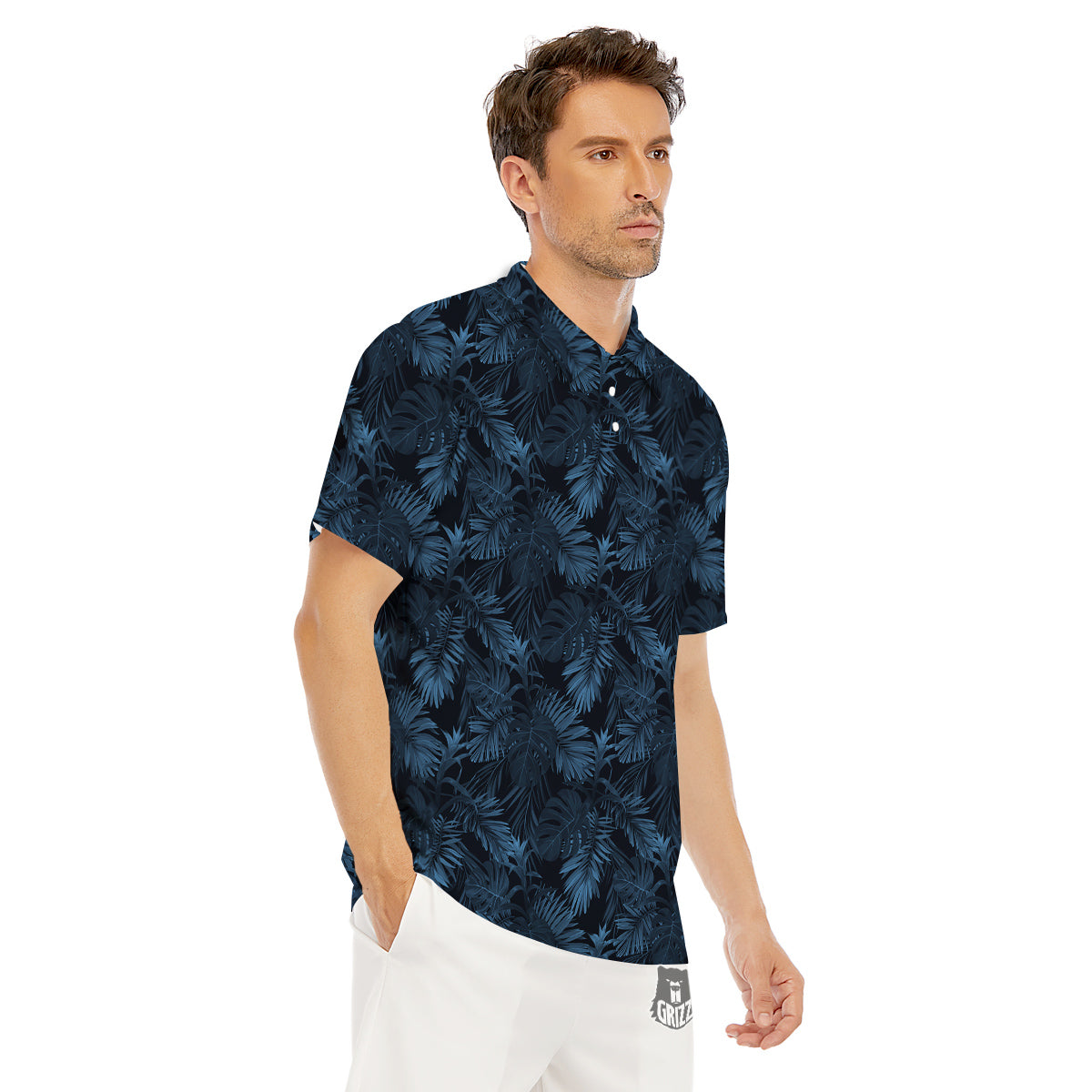 Tropical Leaf Dark Blue Print Pattern Men's Golf Shirts-grizzshop