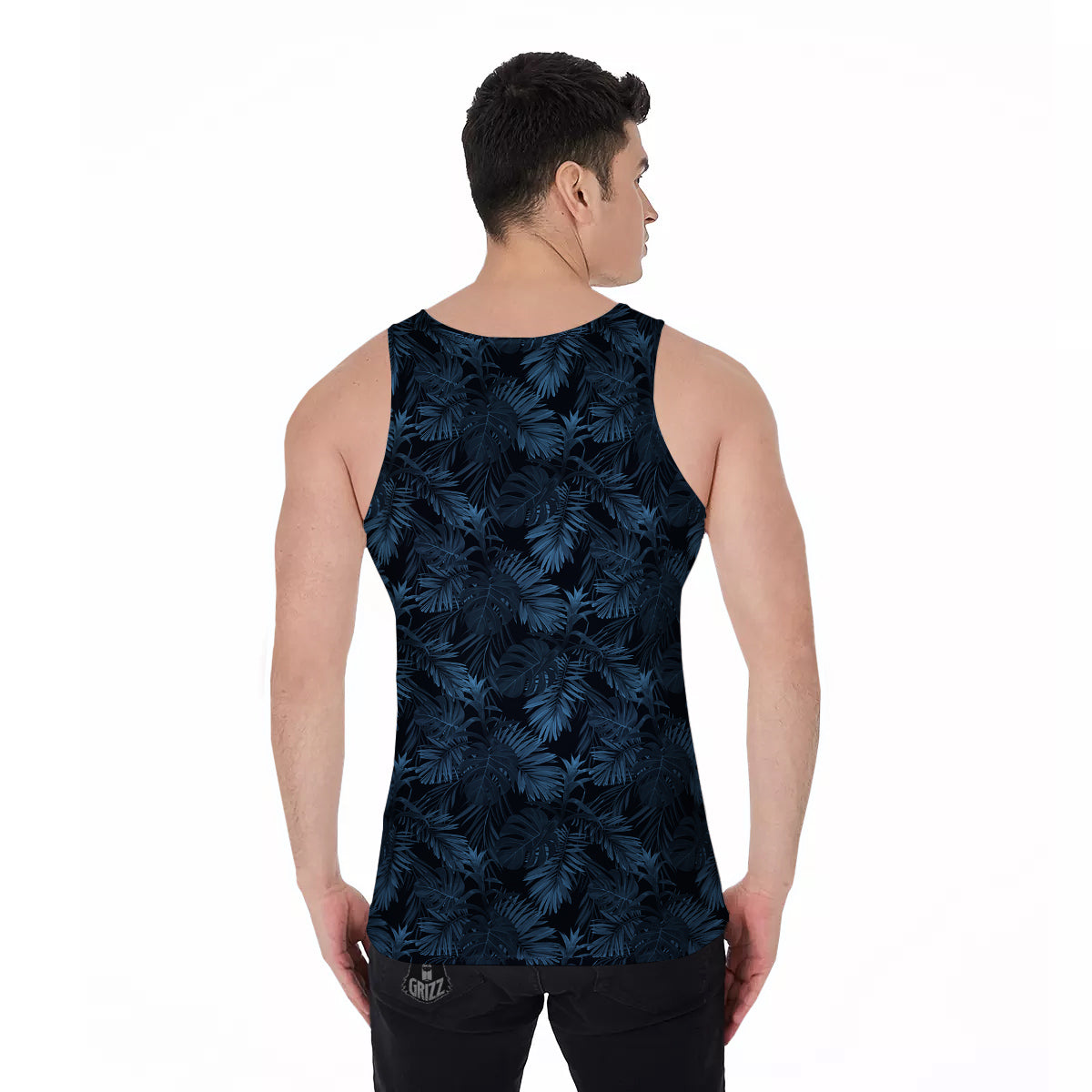 Tropical Leaf Dark Blue Print Pattern Men's Tank Top-grizzshop
