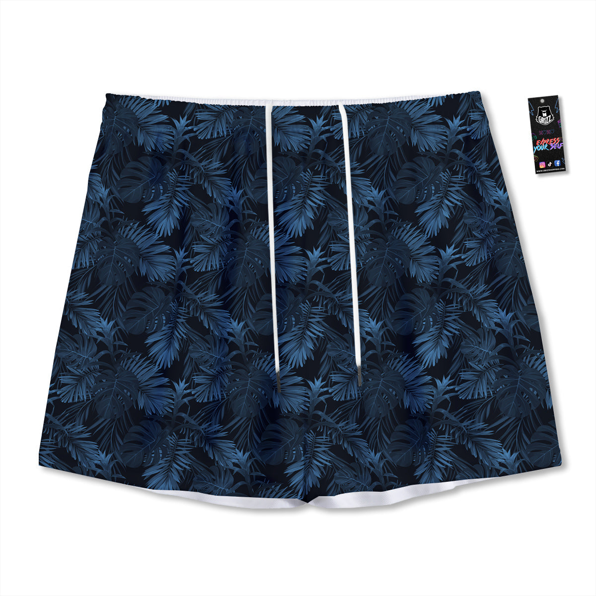 Tropical Leaf Dark Blue Print Pattern Mesh Shorts