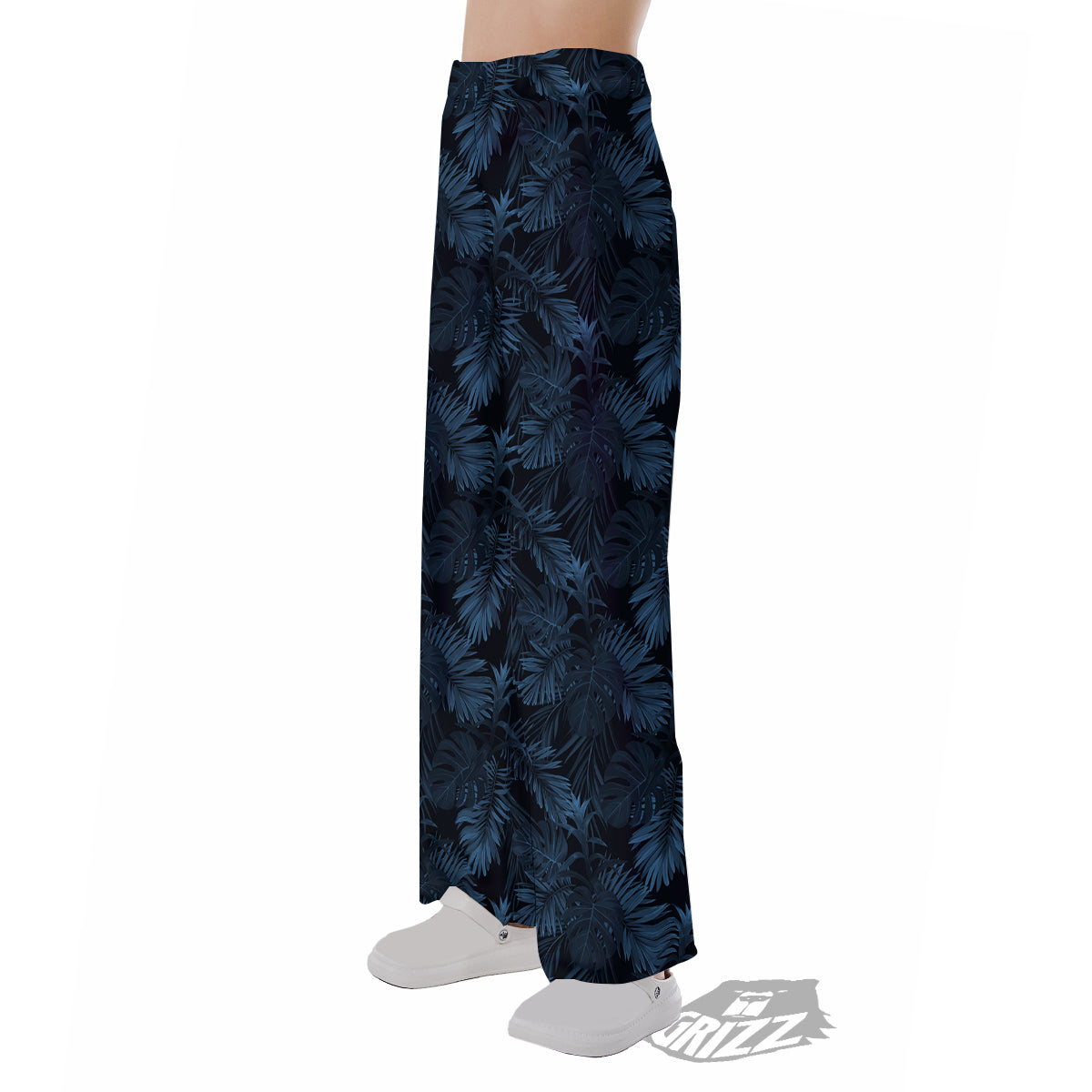 Tropical Leaf Dark Blue Print Pattern Pajama Pants-grizzshop