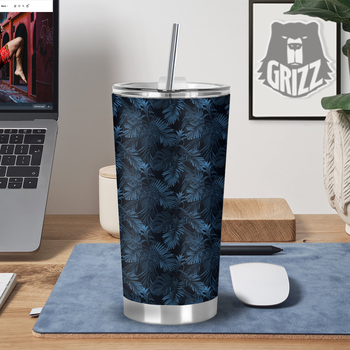 Tropical Leaf Dark Blue Print Pattern Tumbler-grizzshop