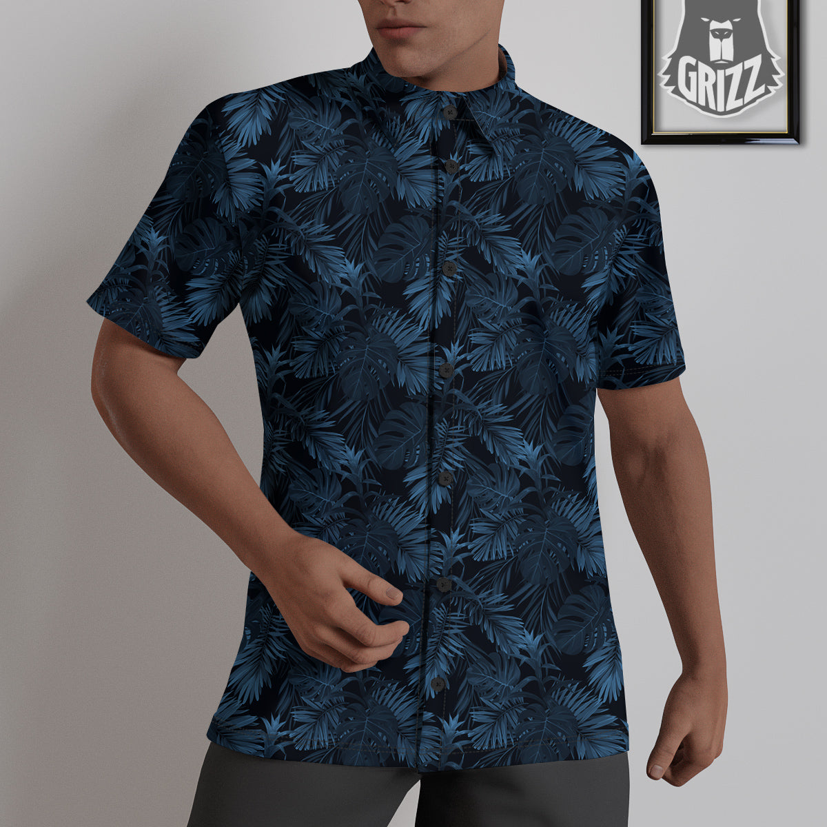 Tropical Leaf Dark Blue Print Pattern Untucked Shirts-grizzshop