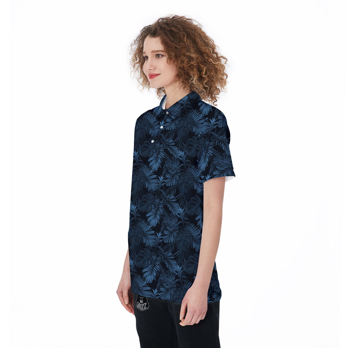 Tropical Leaf Dark Blue Print Pattern Women's Golf Shirts-grizzshop