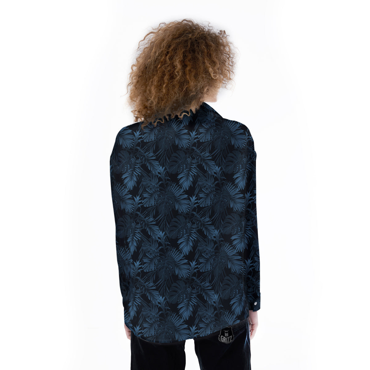 Tropical Leaf Dark Blue Print Pattern Women's Long Sleeve Shirts-grizzshop