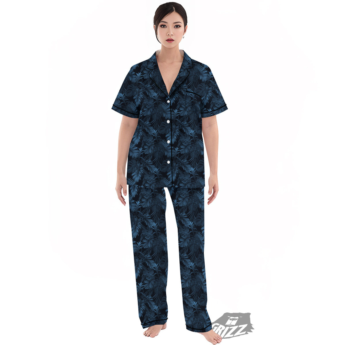 Tropical Leaf Dark Blue Print Pattern Women's Pajamas Set-grizzshop