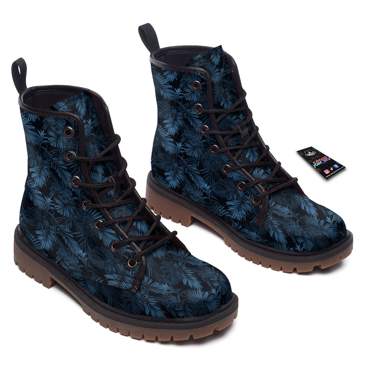 Tropical Leaf Dark Blue Print Pattern Work Boots-grizzshop