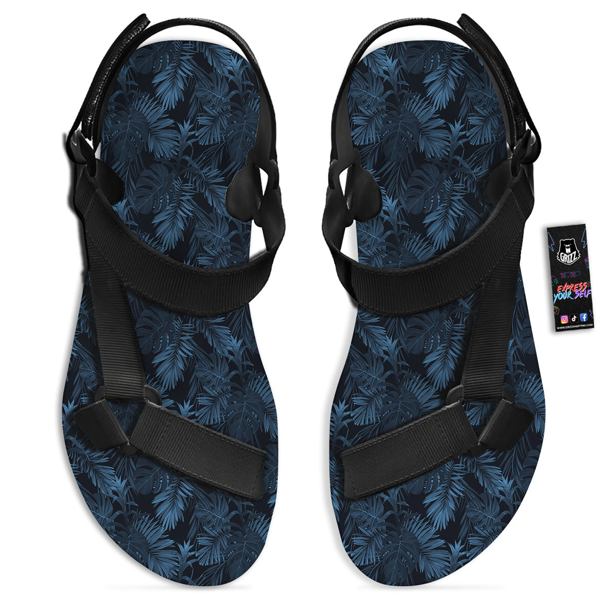 Tropical Leaf Dark Print Pattern Black Open Toe Sandals-grizzshop