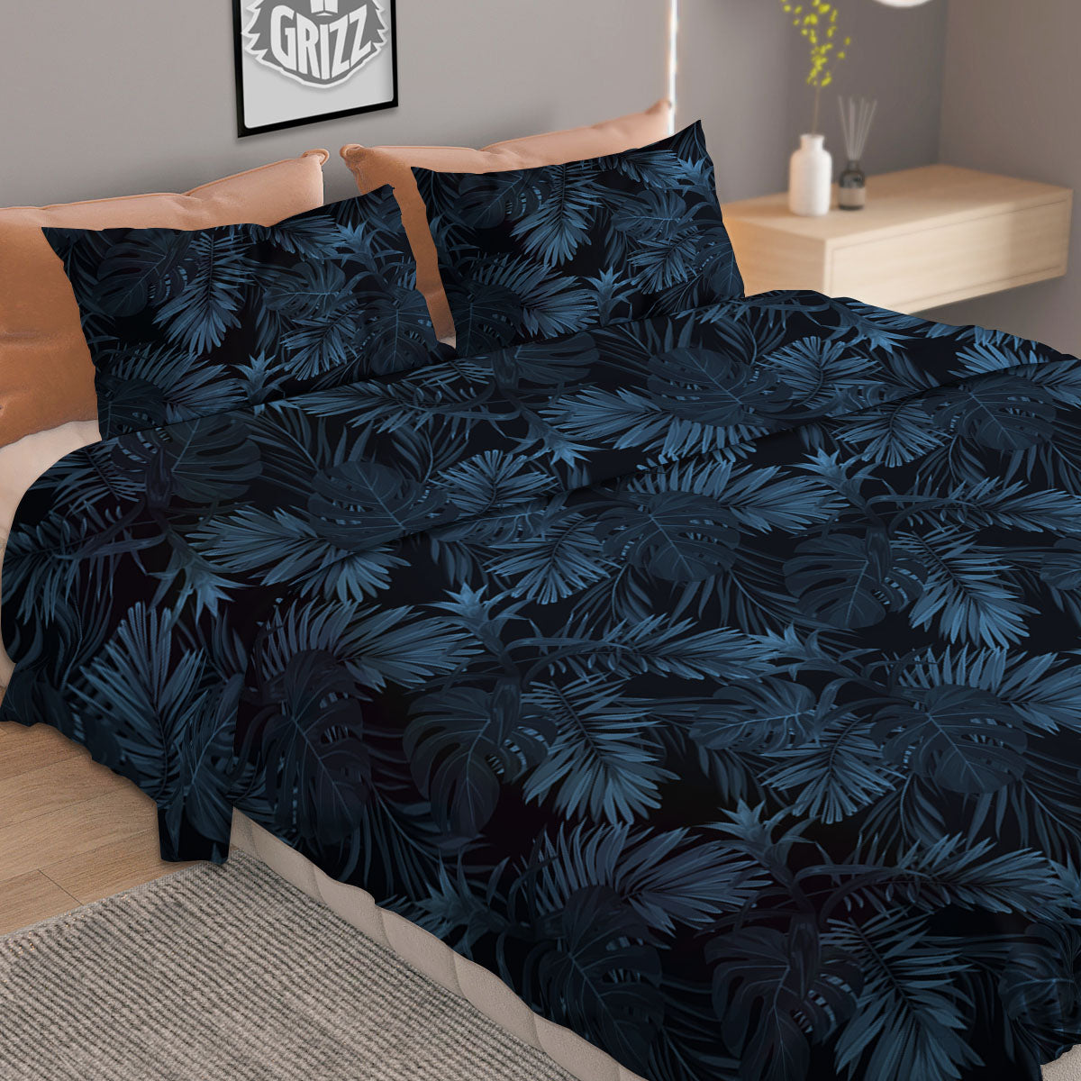 Tropical Leaf Dark Print Pattern Duvet Cover Bedding Set