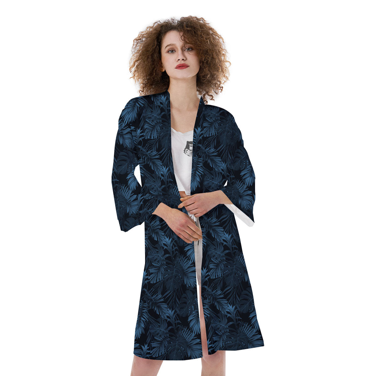 Tropical Leaf Dark Print Pattern Kimono-grizzshop