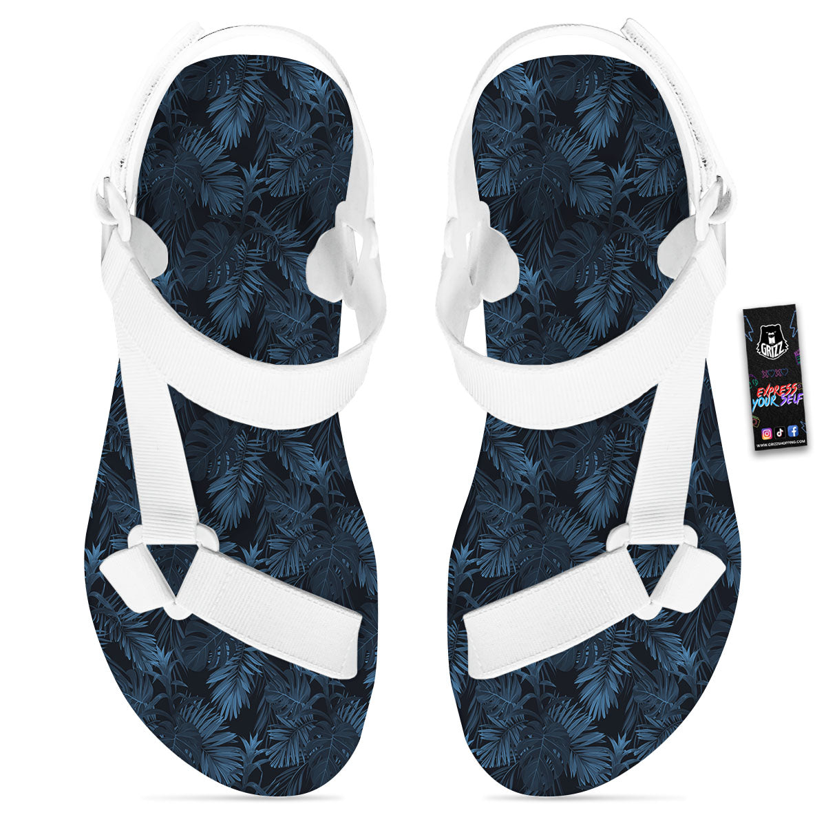 Tropical Leaf Dark Print Pattern White Open Toe Sandals-grizzshop