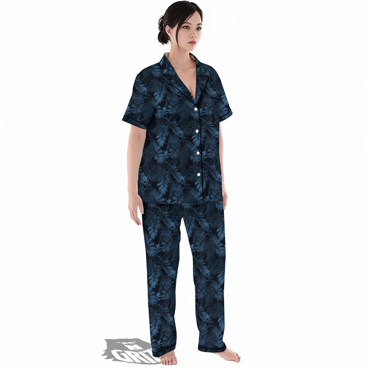 Tropical Leaf Dark Print Pattern Women's Pajamas Set-grizzshop