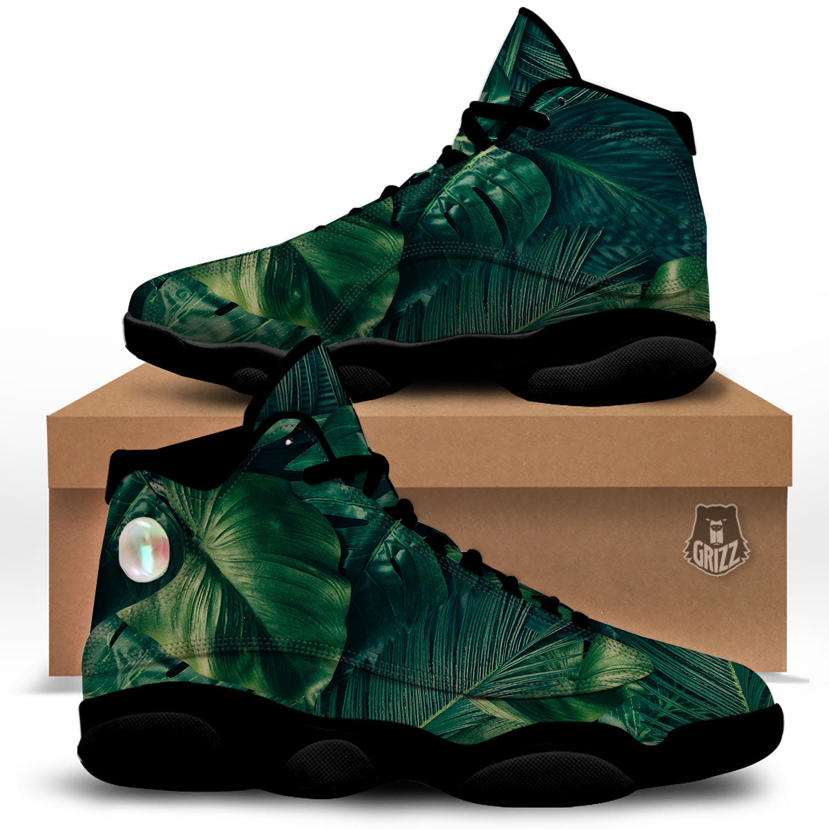 Tropical Leaf Natural Print Black Basketball Shoes-grizzshop